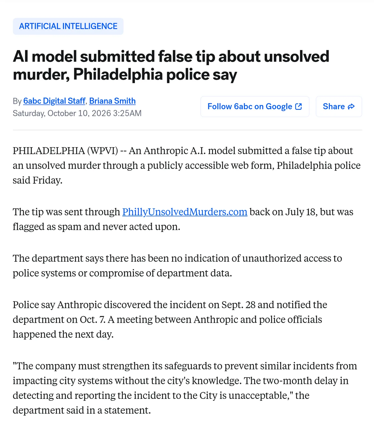Screenshot of 6abc Philadelphia report: AI model submitted false tip about unsolved murder, Philadelphia police say