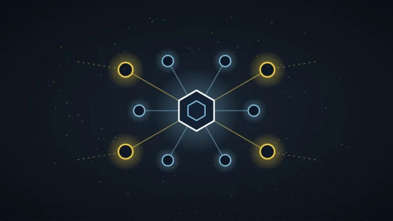 Abstract illustration of a central hexagon foundation linked to six blue project nodes, with four amber nodes joining from outside, on a dark field