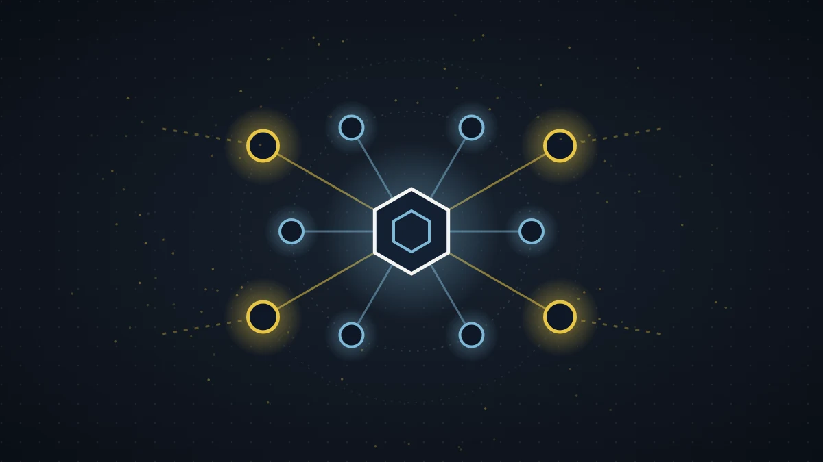 Abstract illustration of a central hexagon foundation linked to six blue project nodes, with four amber nodes joining from outside, on a dark field