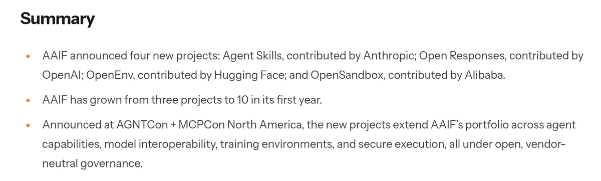 Screenshot of the Summary section of the Agentic AI Foundation announcement, listing Agent Skills from Anthropic, Open Responses from OpenAI, OpenEnv from Hugging Face, and OpenSandbox from Alibaba, and growth from three projects to 10