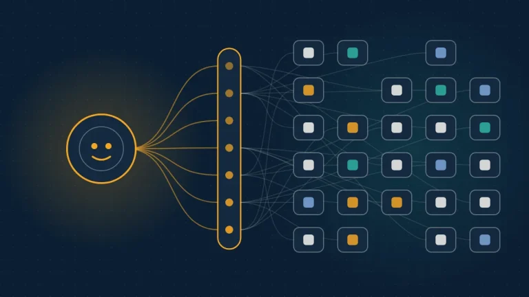 Abstract navy illustration of an AI agent connected through an integration layer to many app tiles