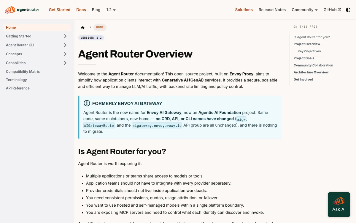 Agent Router documentation overview noting the former Envoy AI Gateway name