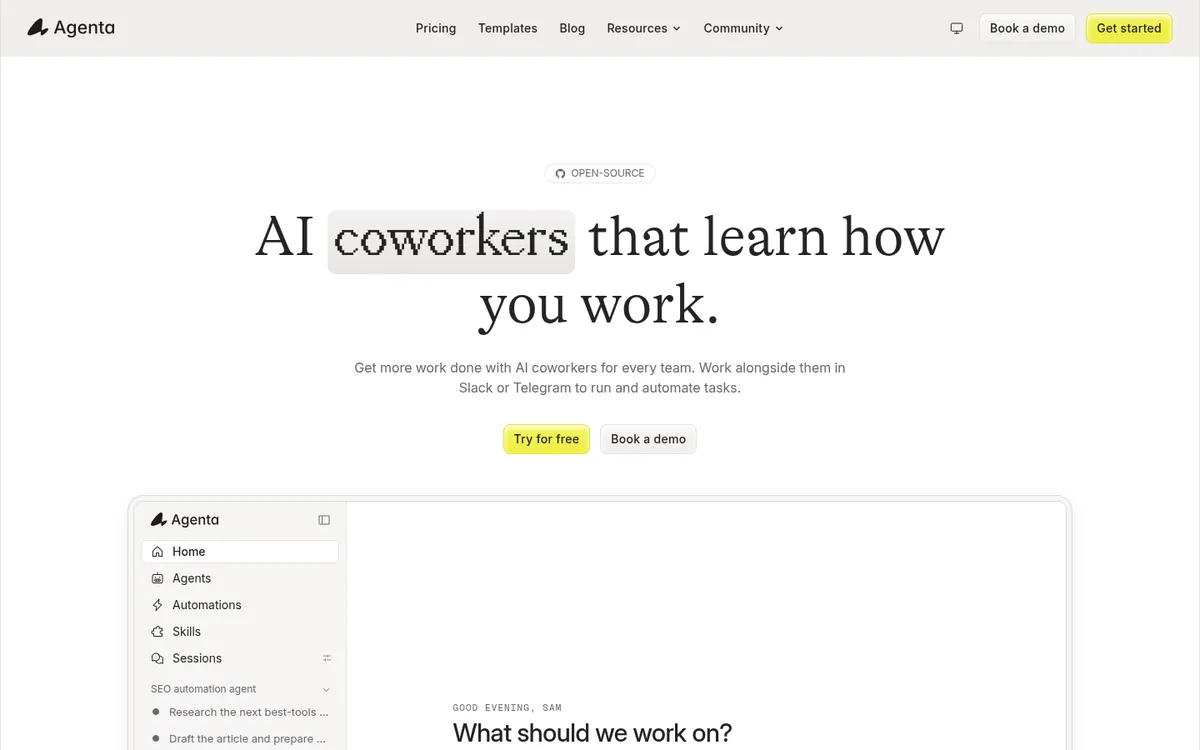 Agenta homepage for the open-source agent workspace product
