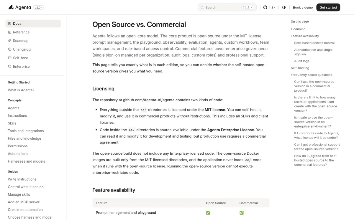 Agenta documentation page comparing open source and commercial editions
