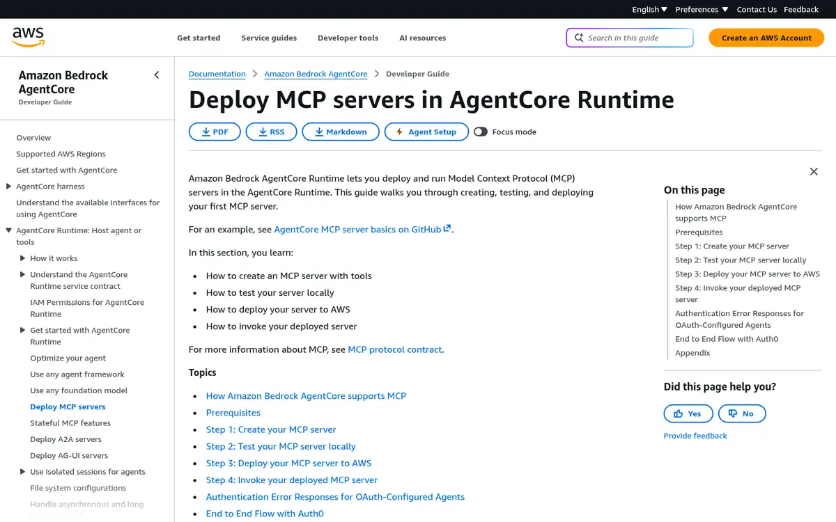 AWS documentation page for deploying MCP servers in Amazon Bedrock AgentCore Runtime
