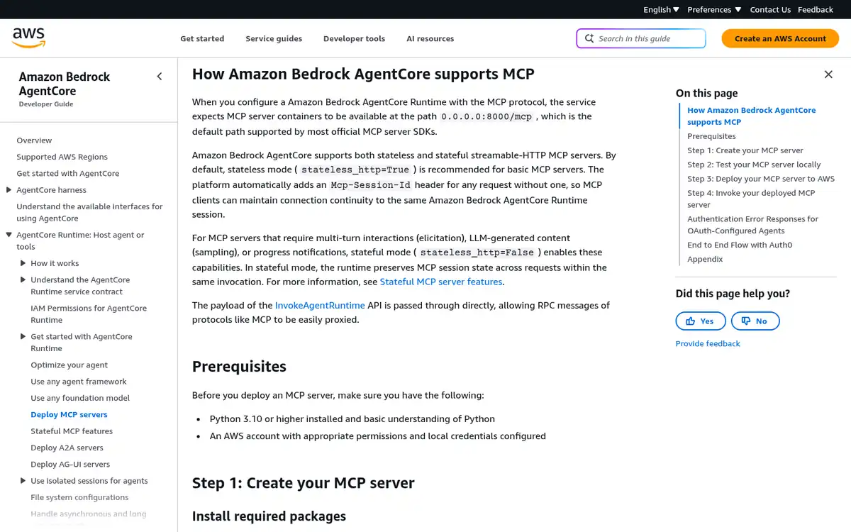AWS documentation describing stateless and stateful streamable HTTP MCP servers on Amazon Bedrock AgentCore Runtime