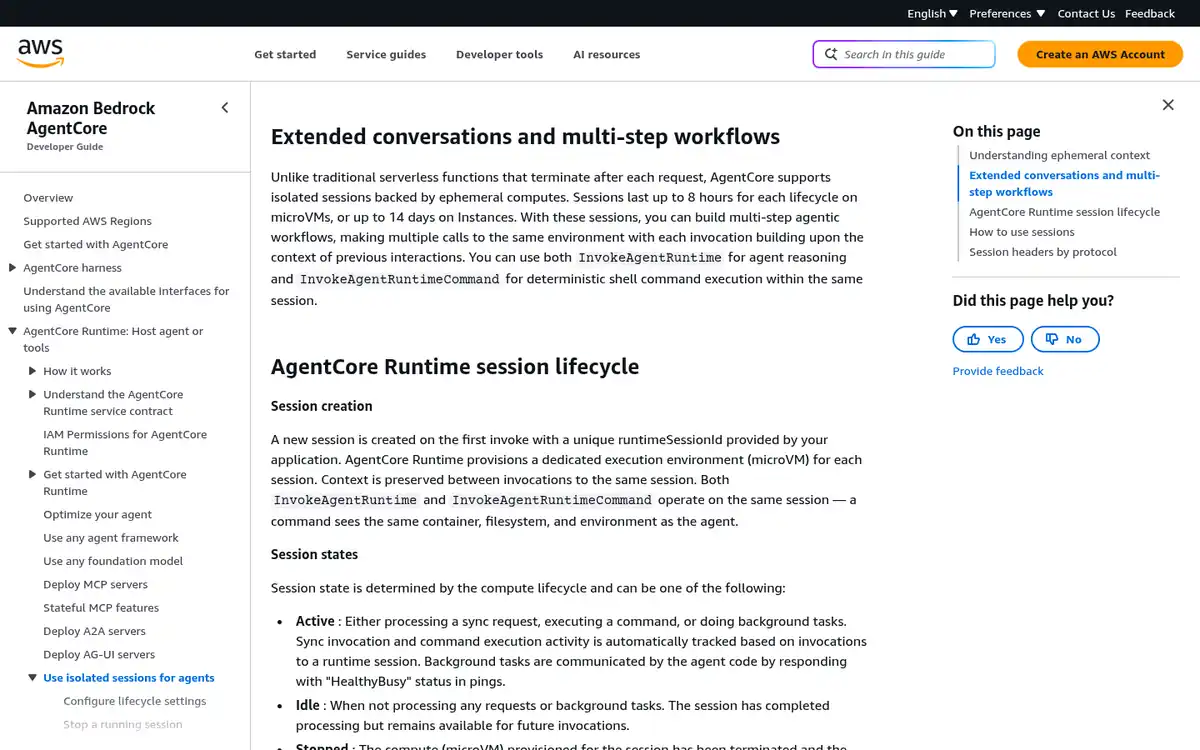 AWS documentation stating AgentCore Runtime sessions last up to 8 hours on microVMs or up to 14 days on Instances