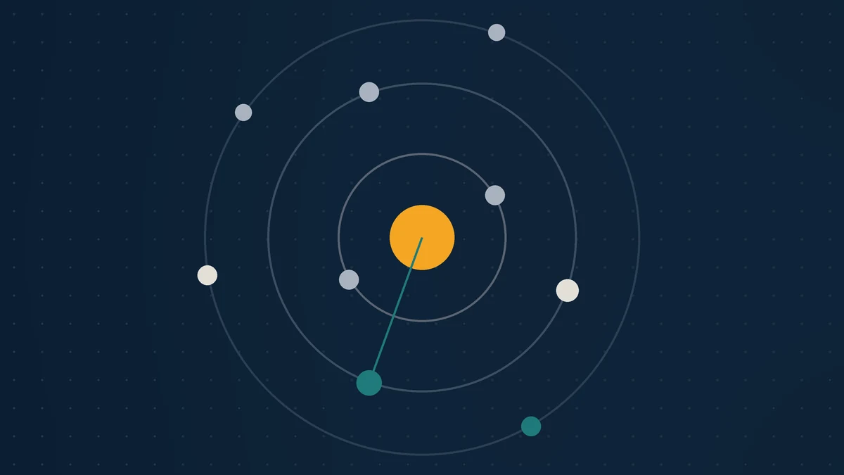 Abstract illustration of an amber core inside three orbit rings, with tool nodes placed along each ring