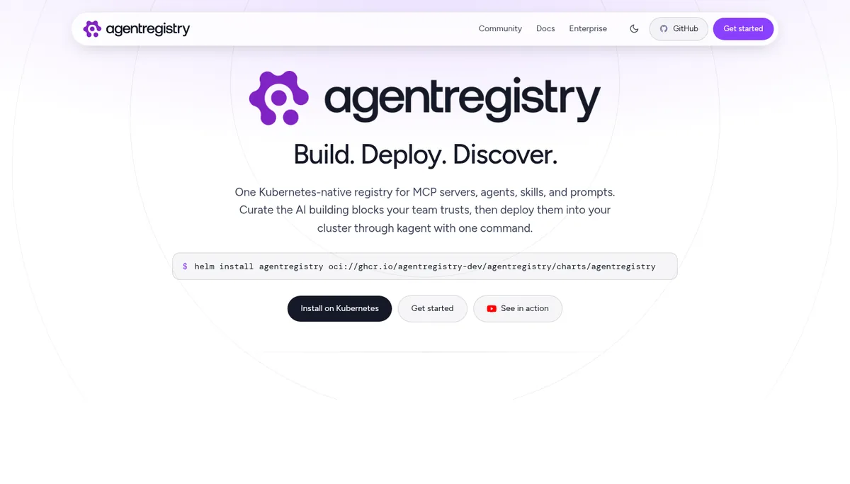agentregistry homepage hero for a Kubernetes registry of MCP servers, agents, skills, and prompts