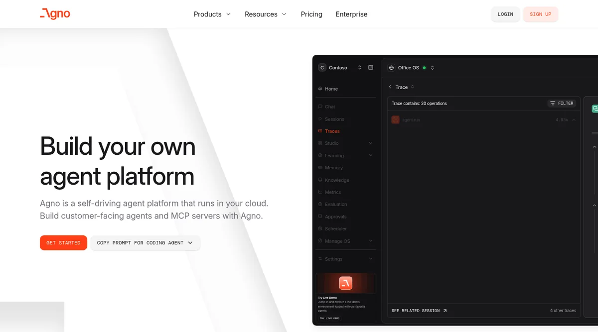 Agno homepage reading Build your own agent platform, next to the AgentOS trace view