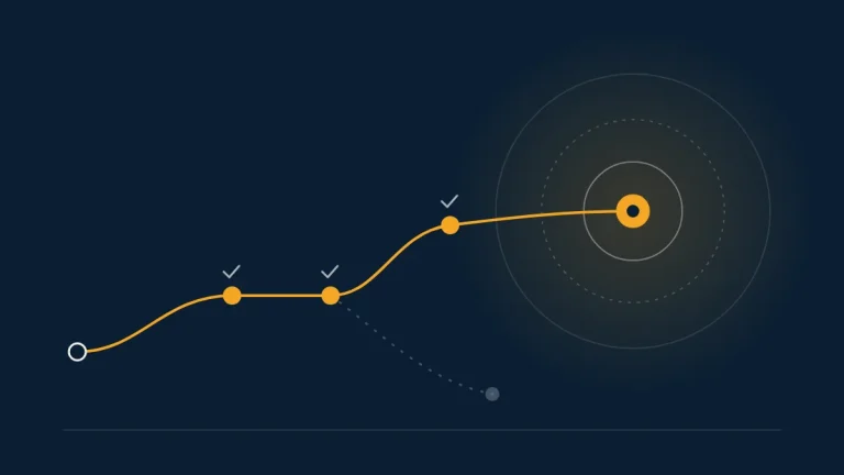 Abstract amber agent path passing three checked nodes to a glowing goal ring, with a faded grey dropped branch, on navy