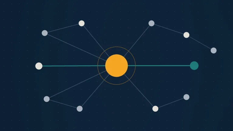 Abstract illustration of an amber hub node with framework nodes linked around it and one teal path running through