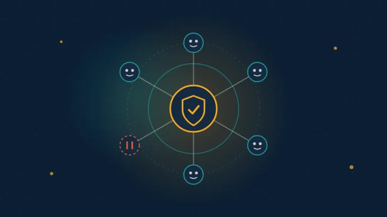 Abstract navy scene with six agent nodes connected to a central amber shield hub, one agent paused