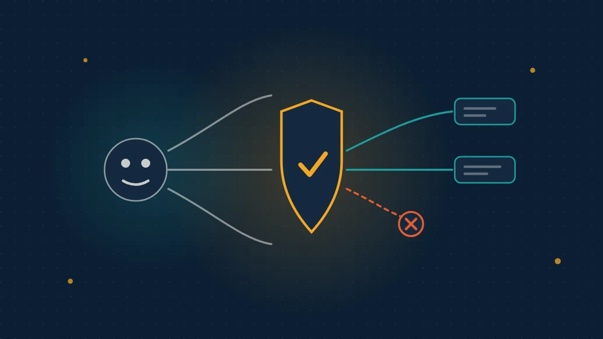 Abstract navy scene with an agent node sending actions through an amber shield, one action blocked