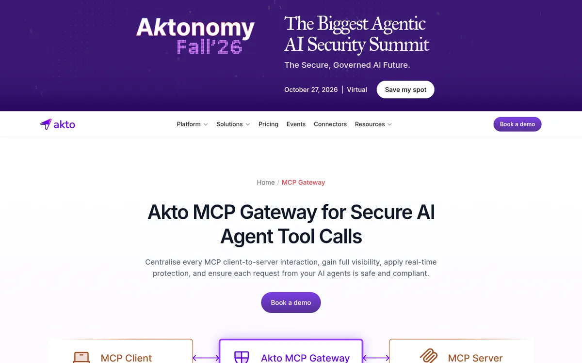 Akto MCP Gateway page for securing AI agent tool calls