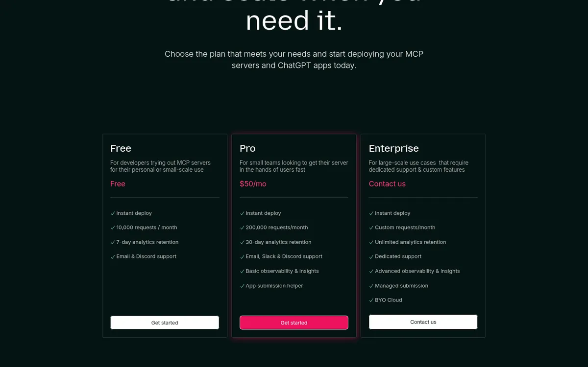 Alpic pricing page showing Free, Pro, and Enterprise plans for MCP server and ChatGPT app hosting