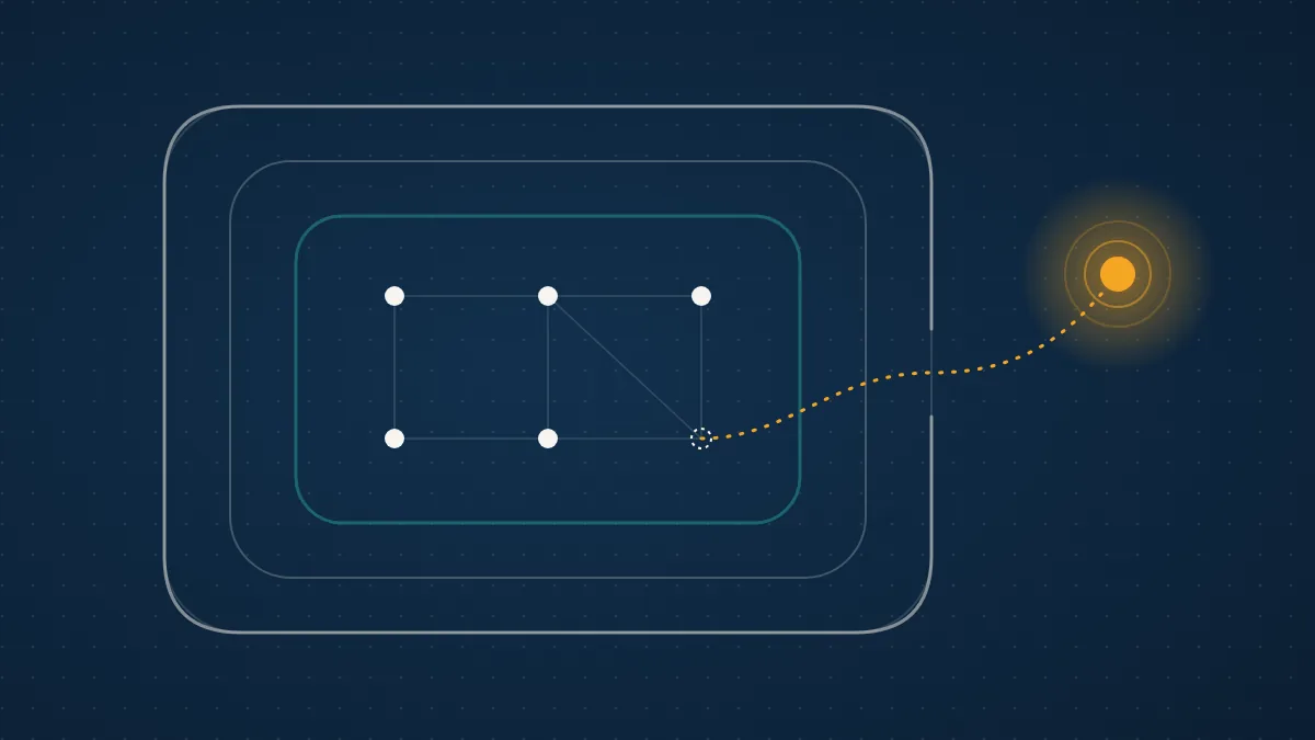 Abstract illustration of nested containment boundaries with one amber node escaping through a gap