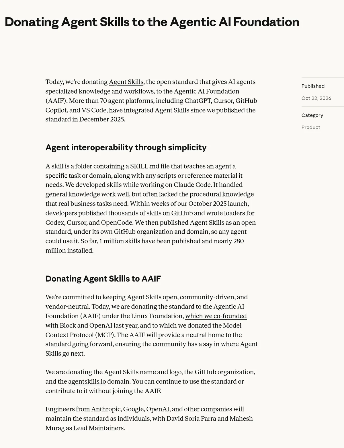 Screenshot of Anthropic's post Donating Agent Skills to the Agentic AI Foundation, dated October 22, 2026, describing over 70 integrating platforms, 1 million published skills, and the lead maintainers