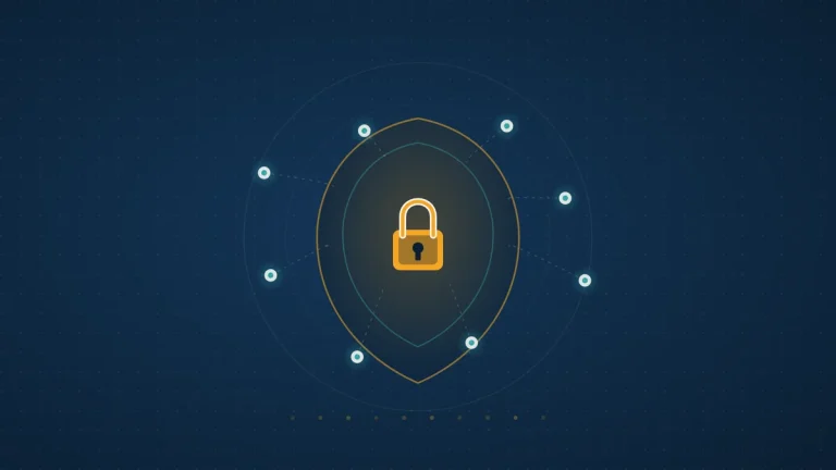 Abstract illustration of an amber lock inside a teal and amber shield, ringed by teal network nodes on a dark navy field