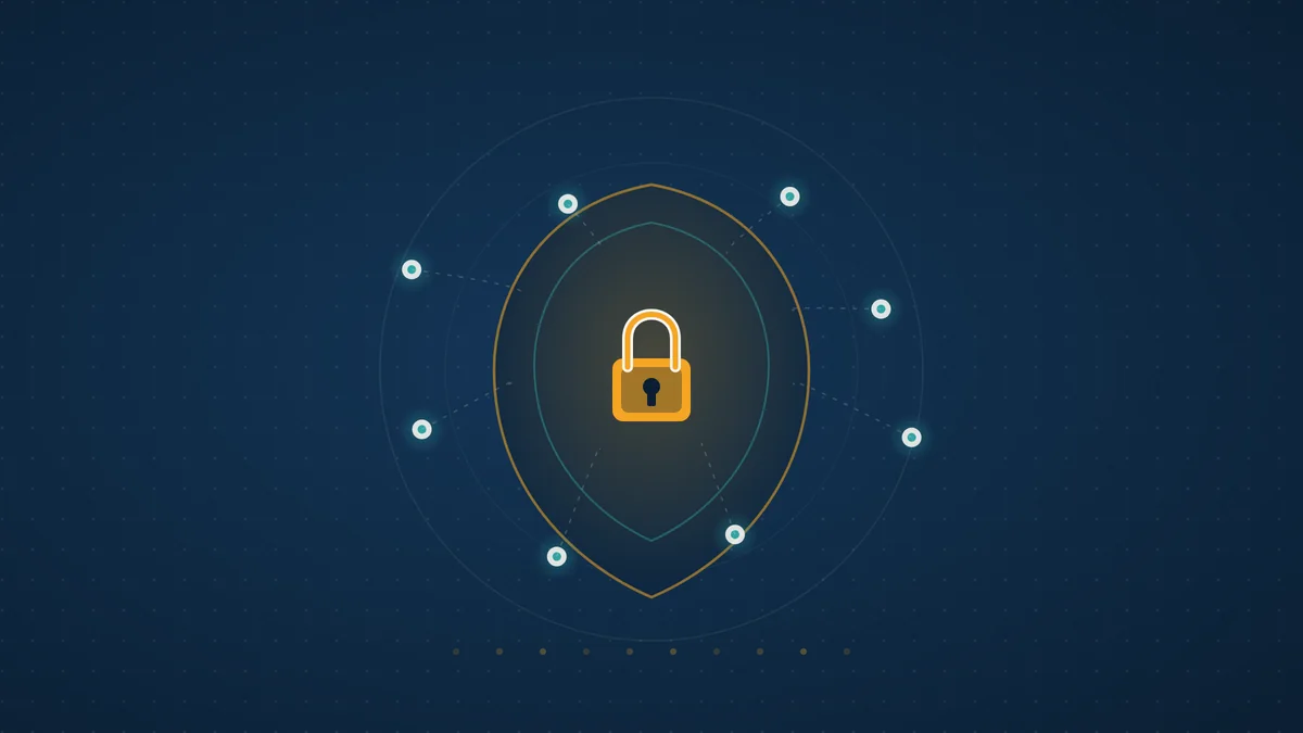 Abstract illustration of an amber lock inside a teal and amber shield, ringed by teal network nodes on a dark navy field