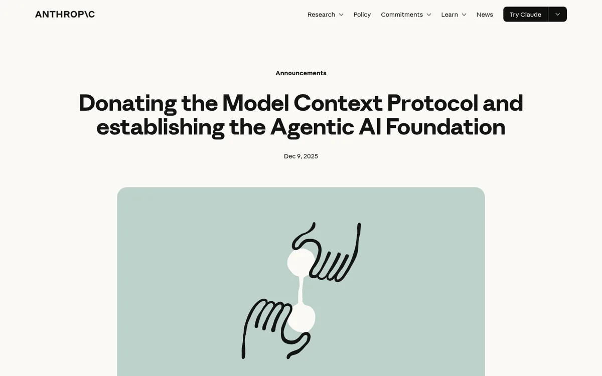 Anthropic news page announcing the donation of MCP to the Agentic AI Foundation