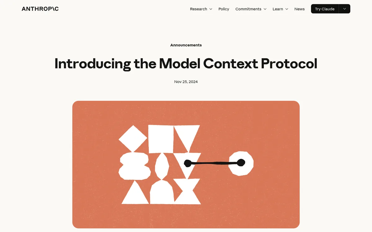 Anthropic announcement page introducing the Model Context Protocol in November 2024