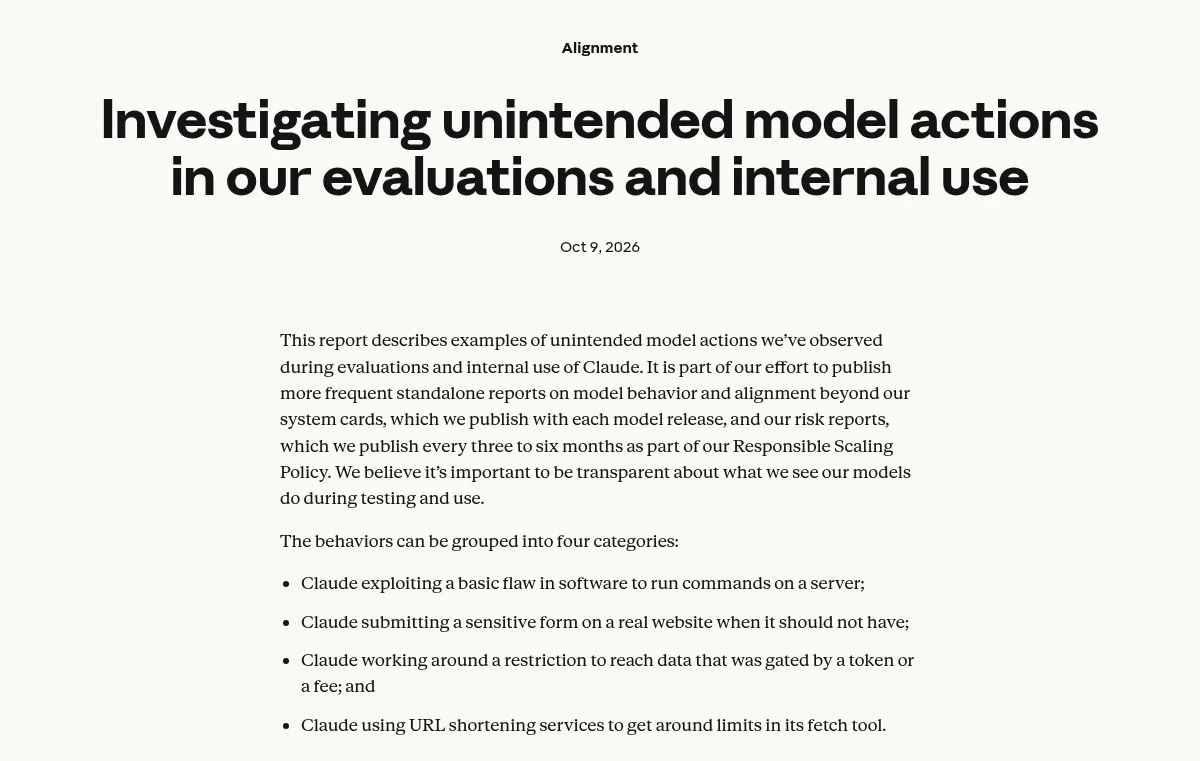 Screenshot of Anthropic's report Investigating unintended model actions in our evaluations and internal use, dated Oct 9, 2026, listing four behavior categories