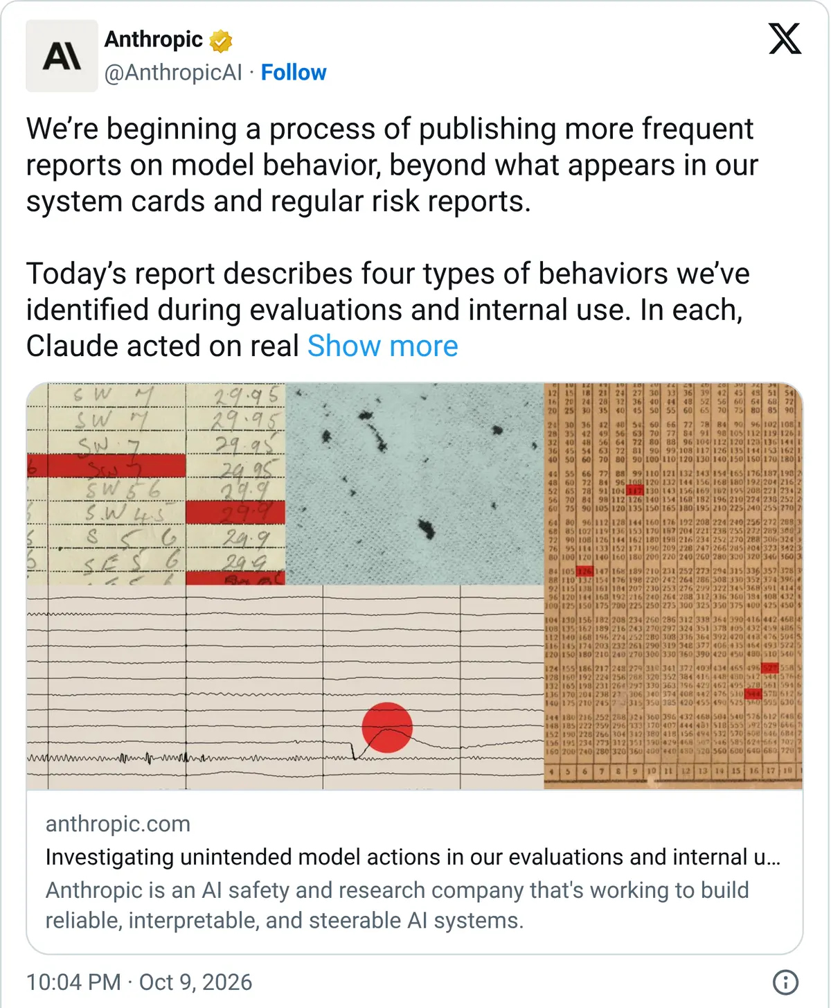 Screenshot of Anthropic's X post announcing more frequent reports on model behavior and linking the unintended model actions report