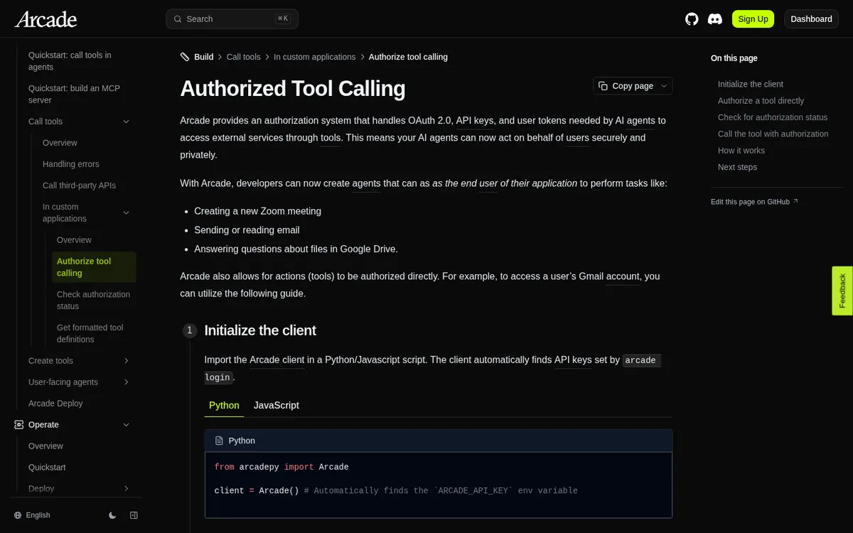 Arcade docs page on authorized tool calling with the Python client example
