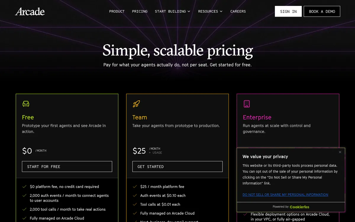 Arcade pricing page showing Free, Team, and Enterprise plans