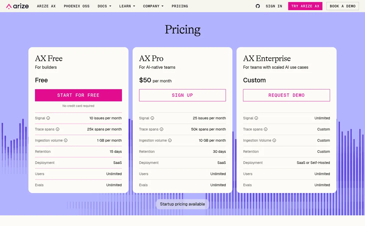 Arize AX pricing page showing AX Free with 25k spans per month and Phoenix open-source callout