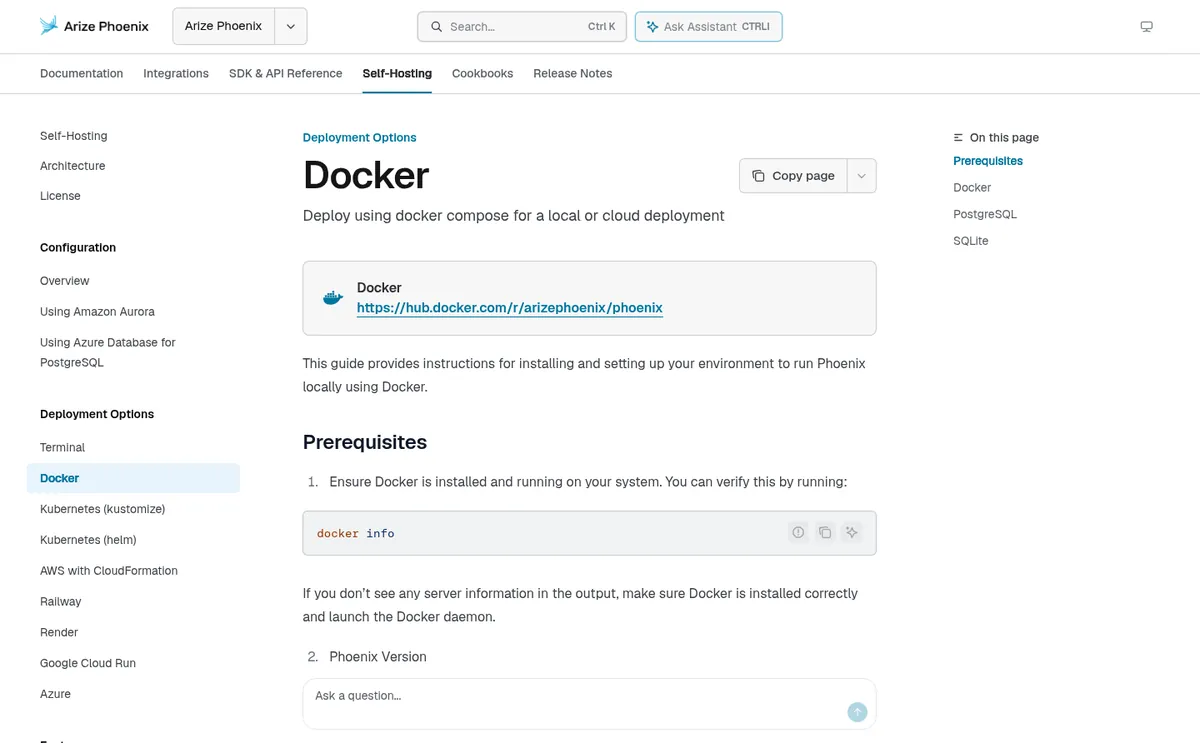 Arize Phoenix Docker self-hosting docs with docker run and compose examples