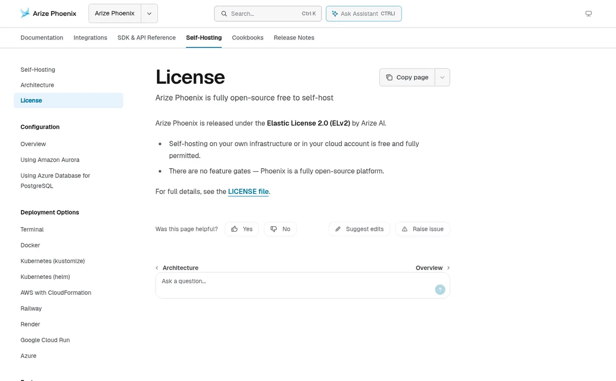 Arize Phoenix self-hosting license docs stating Elastic License 2.0 and free self-host use