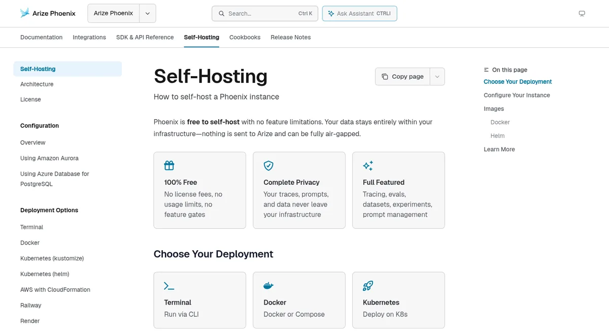 Phoenix self-hosting docs stating it is free to self-host with no feature limitations, with deployment options