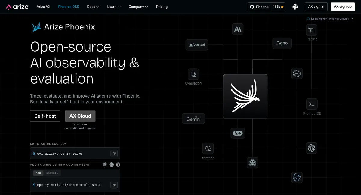 Arize Phoenix homepage with self-host and AX Cloud options and a pip install command