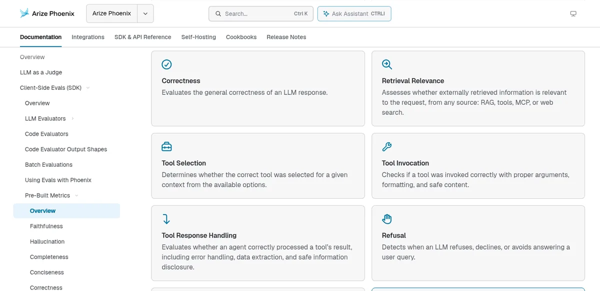 Phoenix docs listing pre-built Tool Selection, Tool Invocation, and Tool Response Handling eval metrics