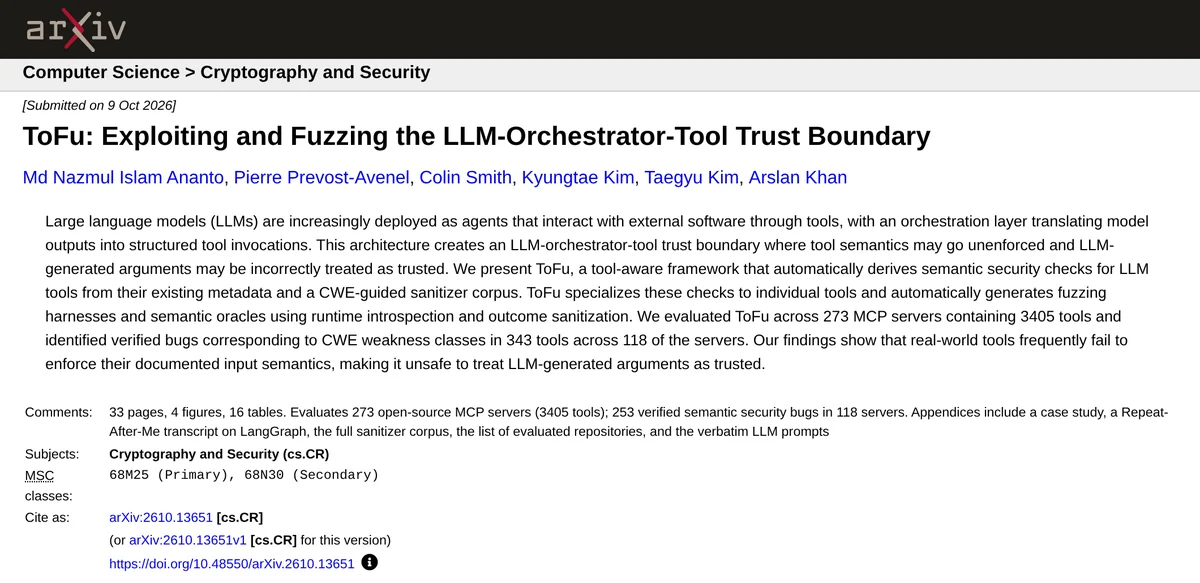 Screenshot of the arXiv listing for ToFu: Exploiting and Fuzzing the LLM-Orchestrator-Tool Trust Boundary, submitted October 9, 2026, showing the six authors, the abstract, and comments citing 273 MCP servers, 3405 tools, and 253 verified bugs in 118 servers
