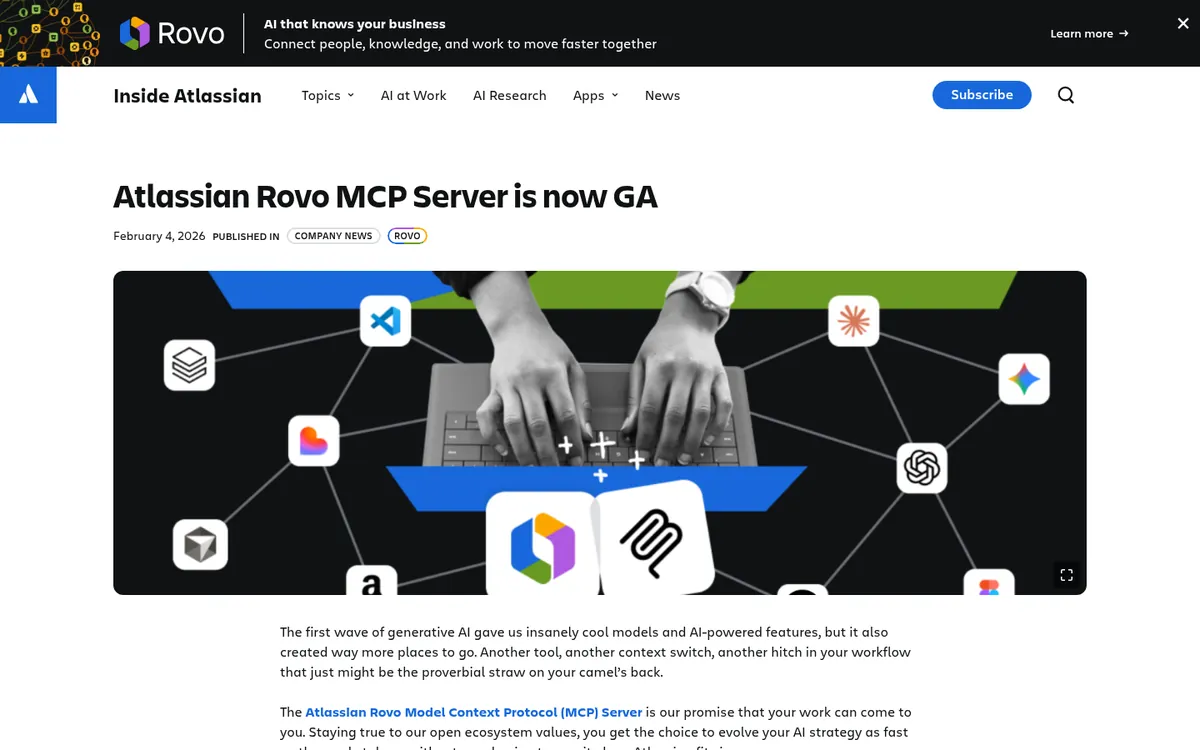 Atlassian blog post announcing general availability of the Rovo MCP Server