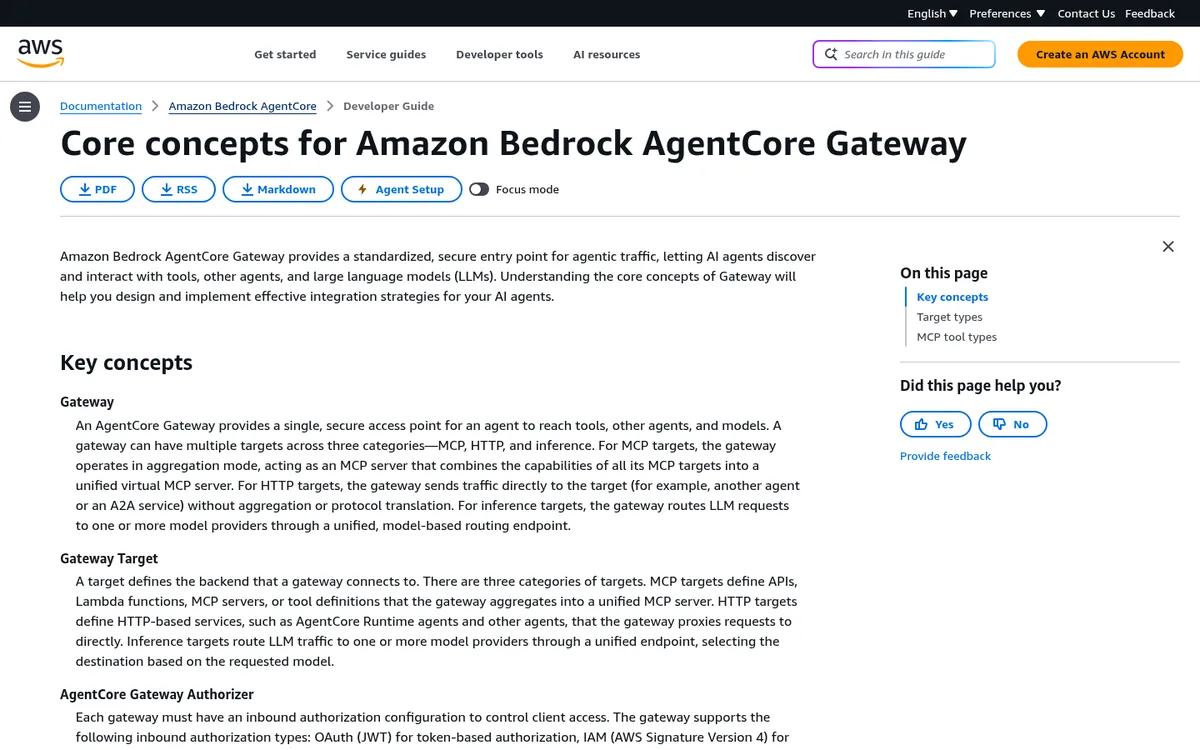 AWS docs page explaining AgentCore Gateway targets and authorizers