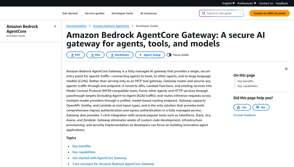 AWS documentation page for Bedrock AgentCore Gateway capabilities