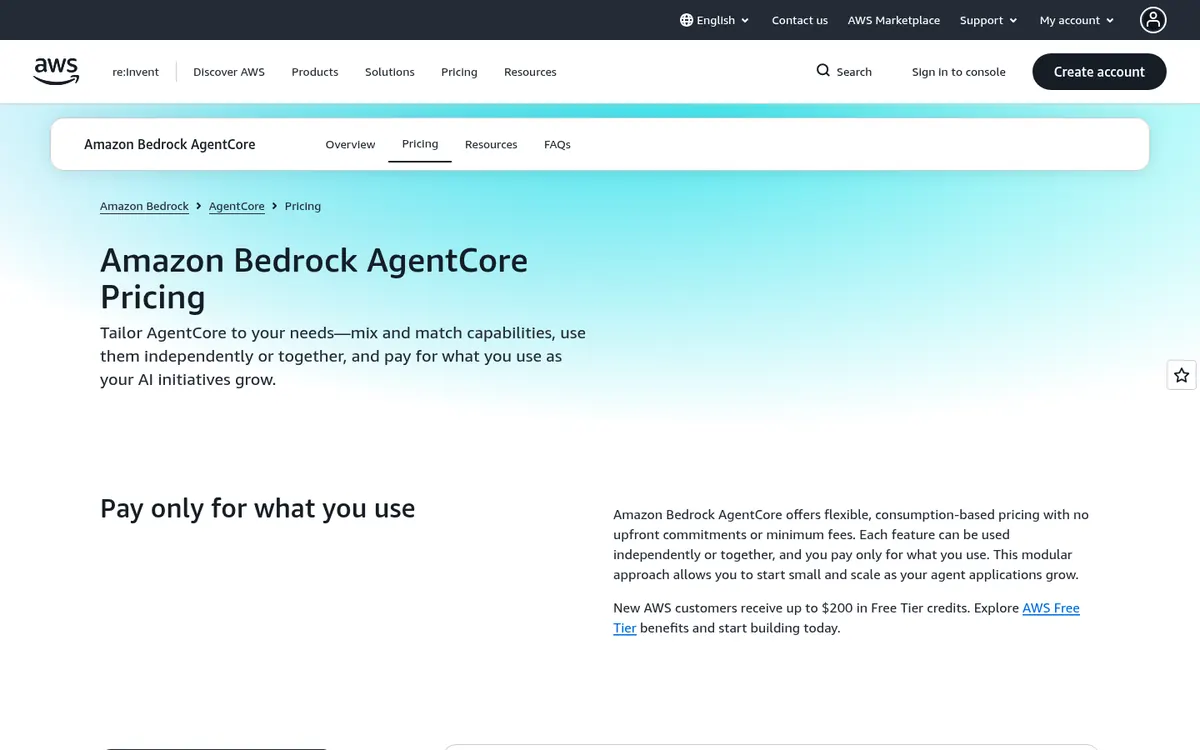 AWS Bedrock AgentCore pricing page showing Gateway invocation and indexing rates
