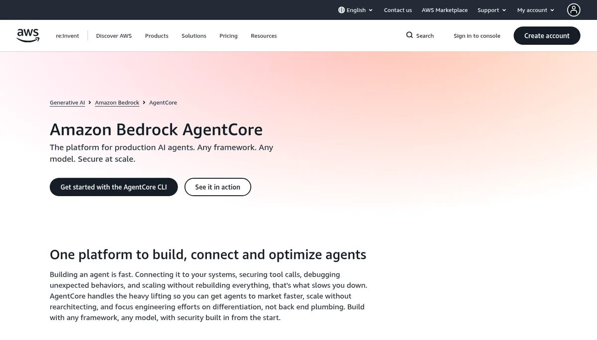 Amazon Bedrock AgentCore homepage hero, the AWS product family that includes AWS Agent Registry