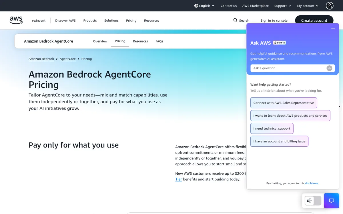 AWS AgentCore pricing page showing Gateway invocation rates