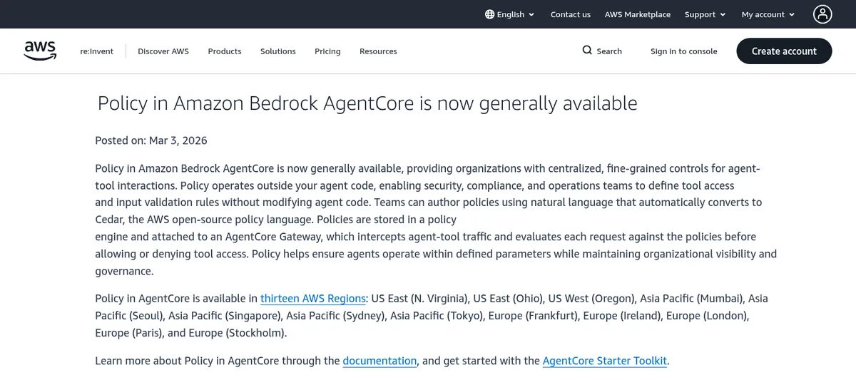 AWS announcement that Policy in Amazon Bedrock AgentCore is generally available
