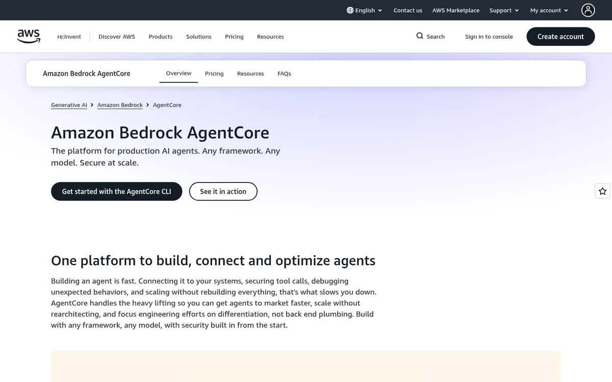 AWS Bedrock AgentCore product page describing managed agent infrastructure
