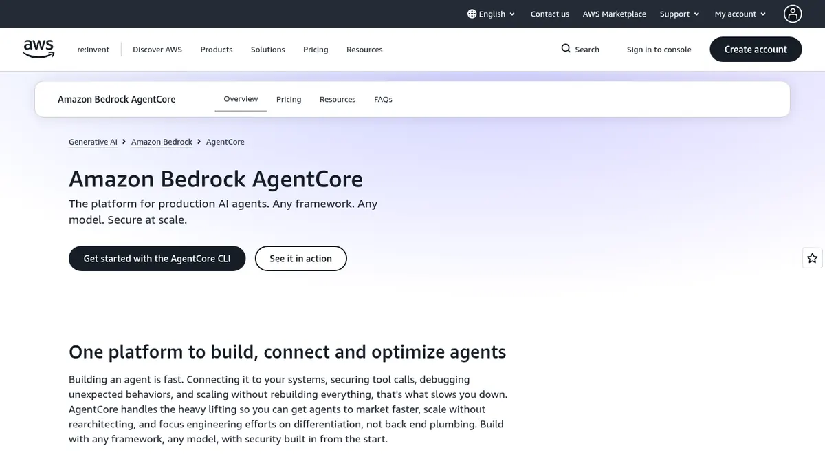 AWS Bedrock AgentCore product page describing managed agent infrastructure