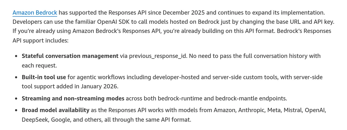 Screenshot of the AWS Open Source Blog listing Amazon Bedrock's Responses API support: stateful conversation management, built-in tool use, streaming modes, and broad model availability