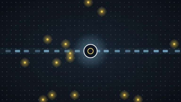 Abstract illustration of a dark grid of dim dormant nodes with a few glowing amber nodes awake, crossed by a horizontal queue of message packets flowing through a central ring