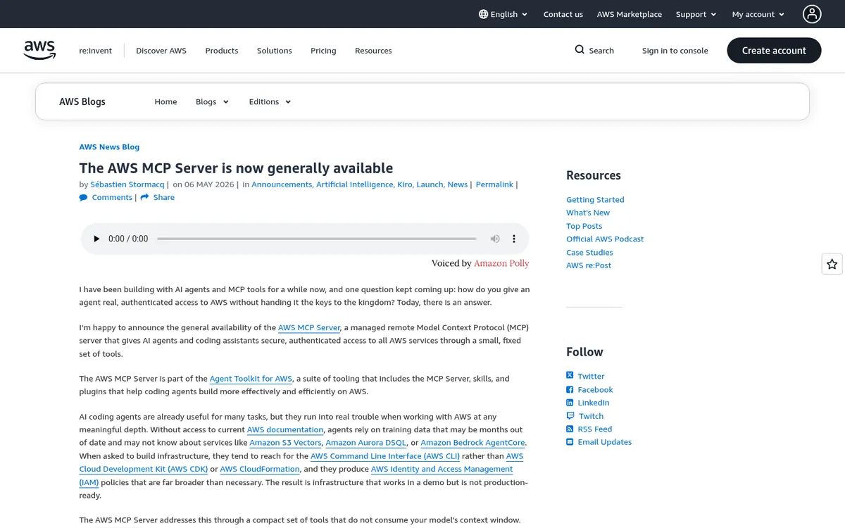 AWS News Blog post announcing general availability of the AWS MCP Server