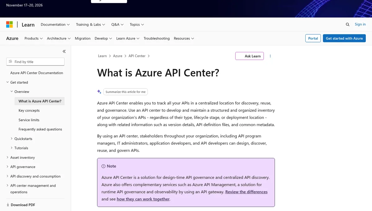 Microsoft Learn overview page for Azure API Center, the service that hosts private MCP registries